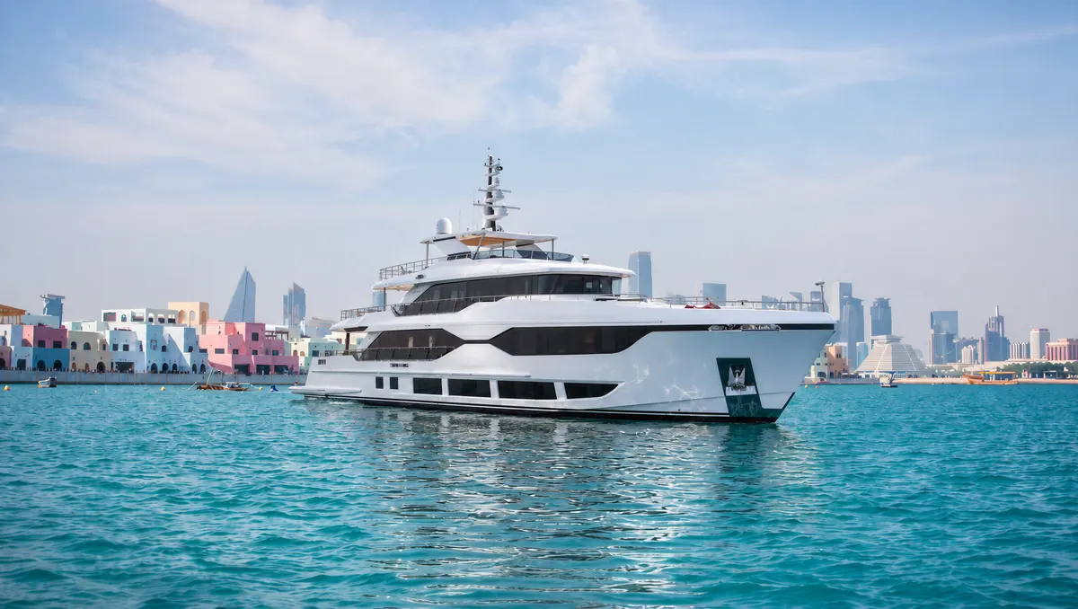 Majesty 120 superyacht at anchor off Old Doha Port, with the Mina District and the West Bay skyline behind
