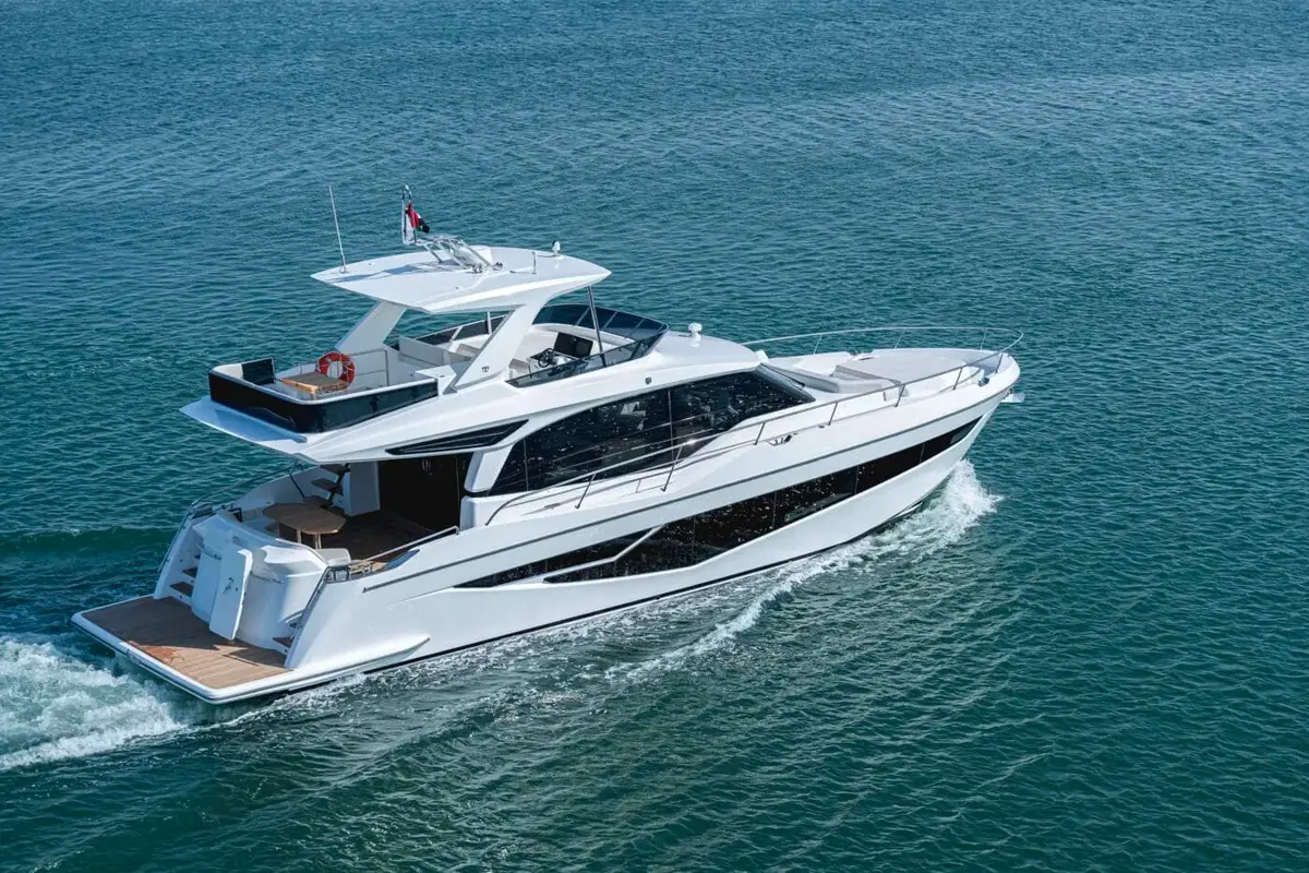 Majesty 60 from above and astern, showing the swim platform and flybridge
