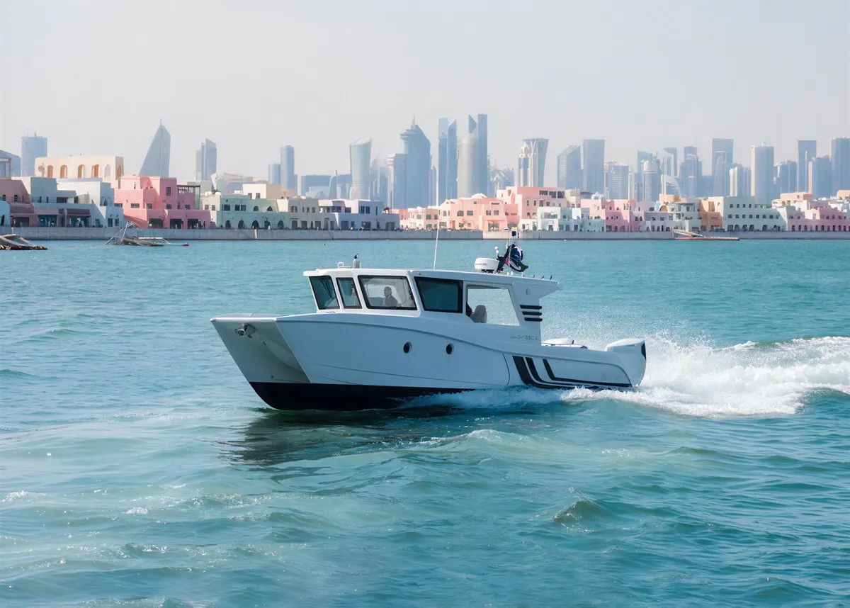 SilverCat 35CX underway off Old Doha Port, with the Mina District and the West Bay towers behind