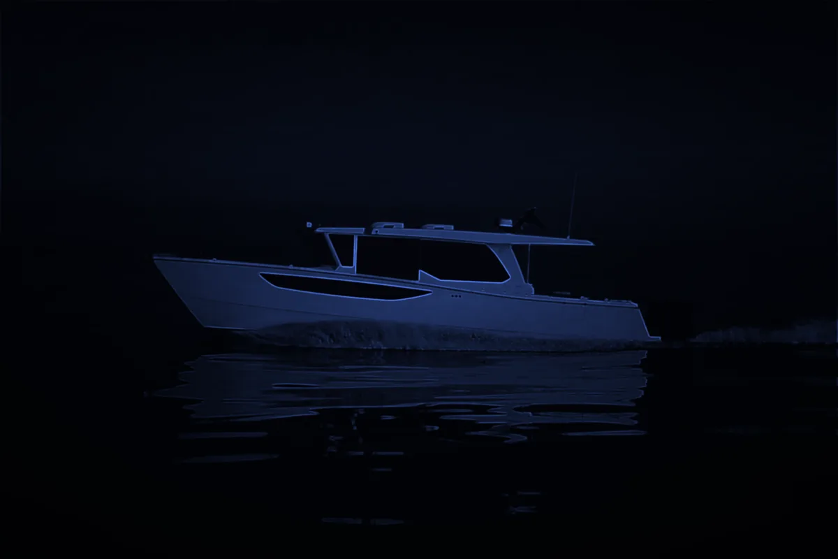 SilverCat 47 Offshore teaser image: the boat in silhouette against a dark background